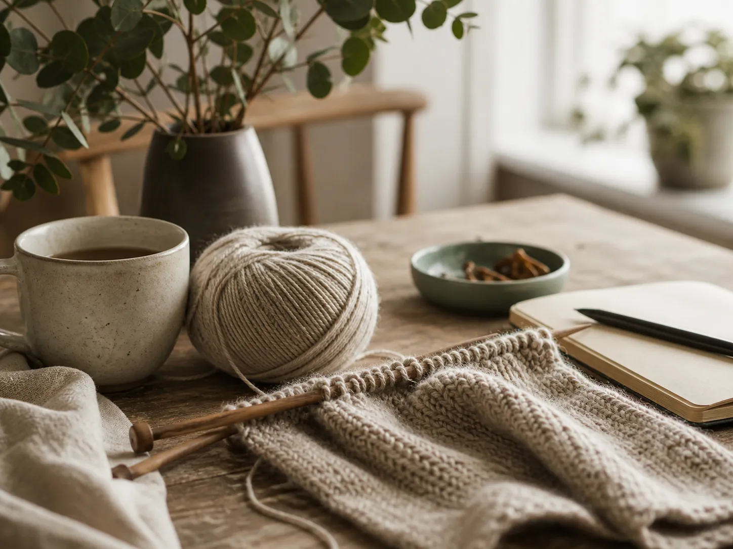 Knitting needles and natural wool on a home craft table