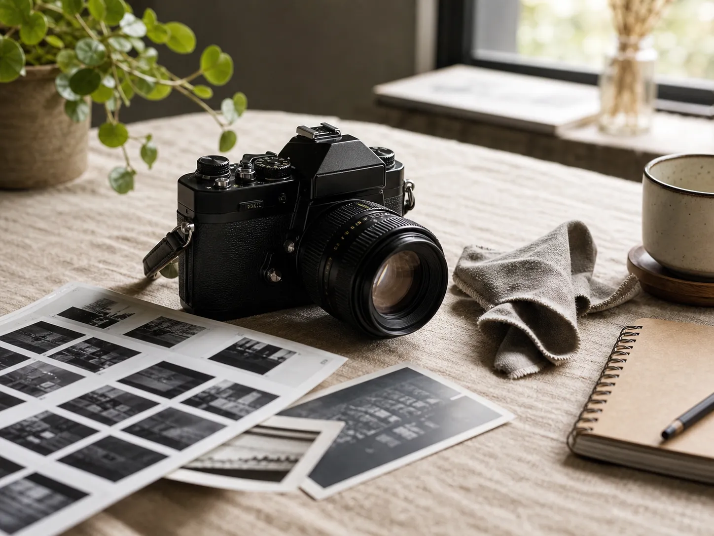 Camera and photo prints on a linen-covered table