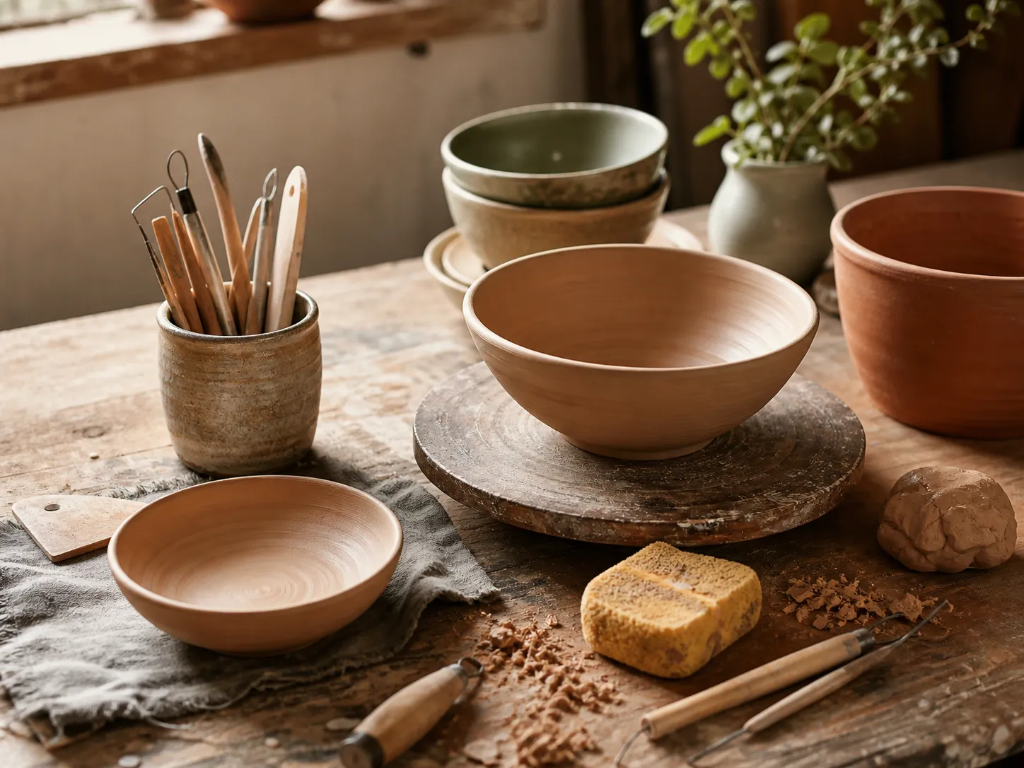 Hand-thrown bowls and clay tools in a pottery studio