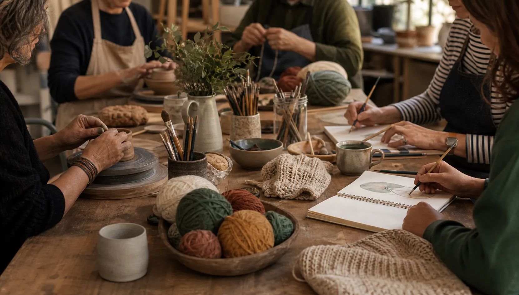 Adults enjoying a friendly craft workshop in a UK community studio
